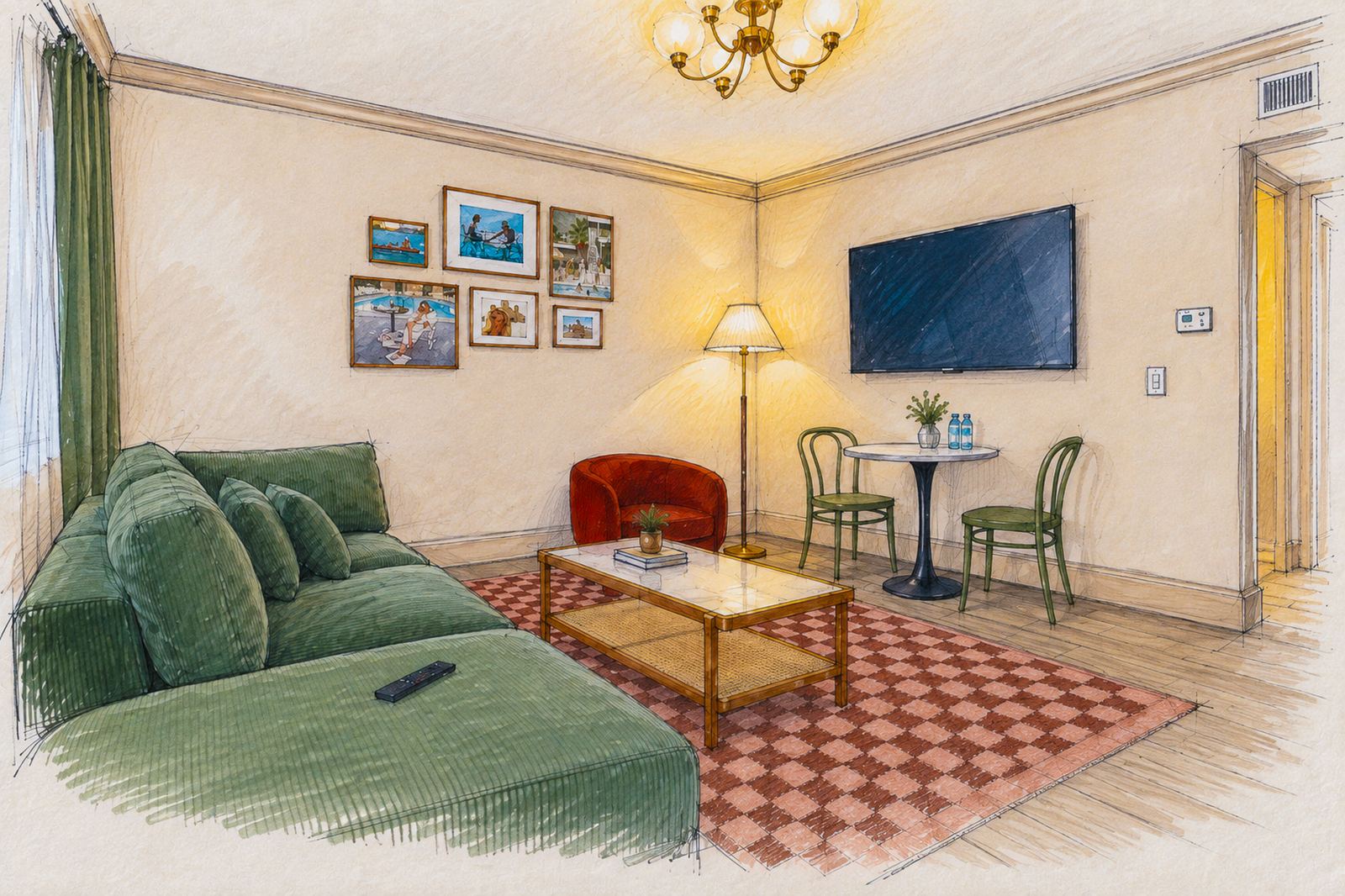 Hand-drawn concept rendering of a living room with a green sofa and checkered rug